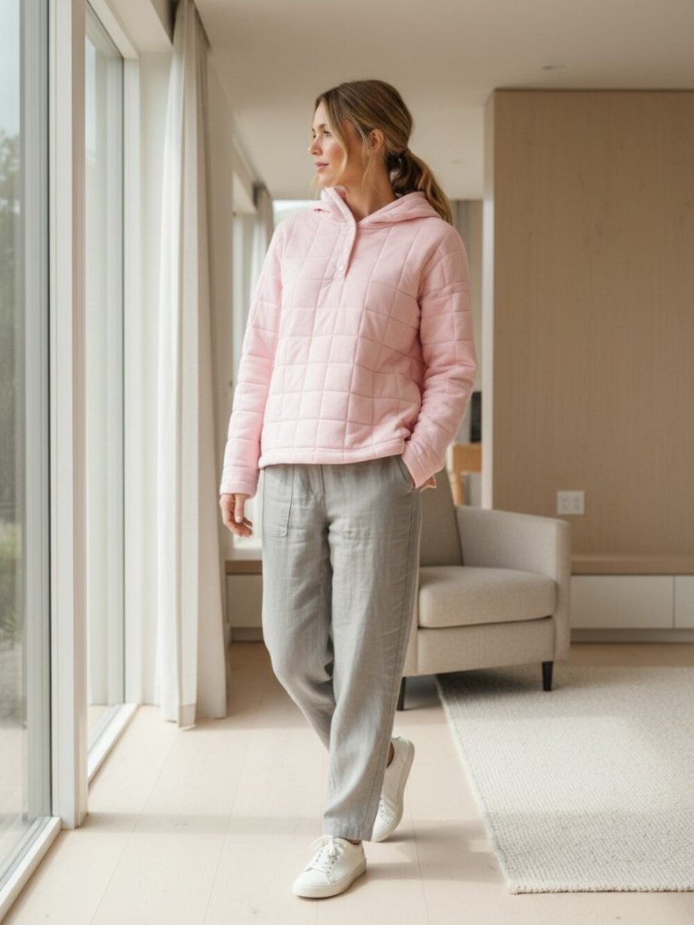 GAPFIT GAP Pink Quilted Pullover Hoodie XS Minimalist Lounge Athleisure Soft - Picture 15 of 15